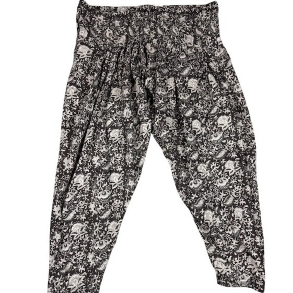 Fabindia Black White Floral Block Print Smocked Waist Harem Pants Small